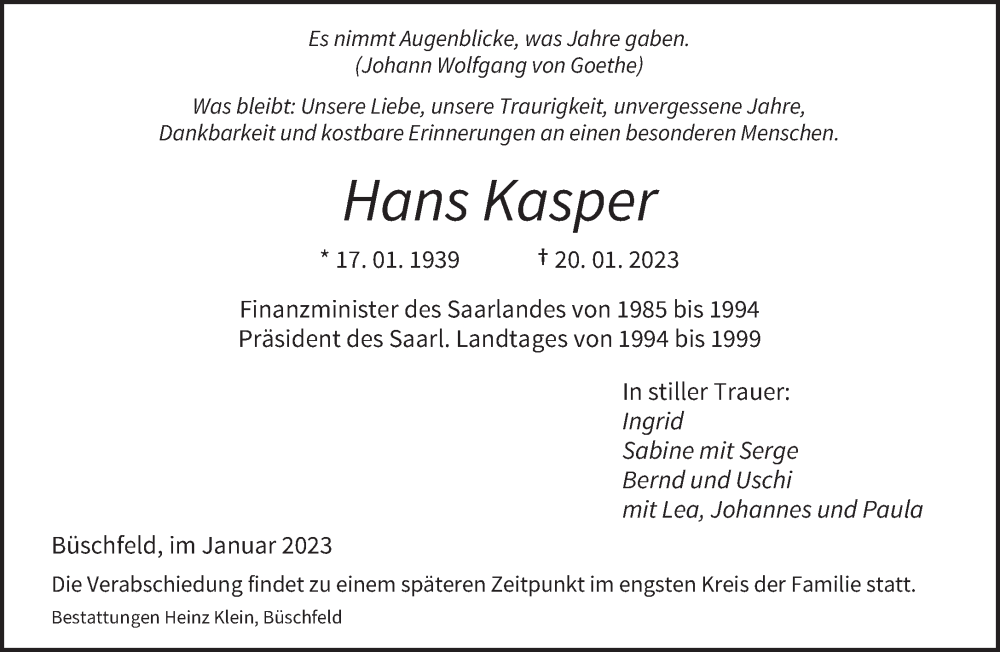  Traueranzeige für Hans Kasper vom 25.01.2023 aus saarbruecker_zeitung