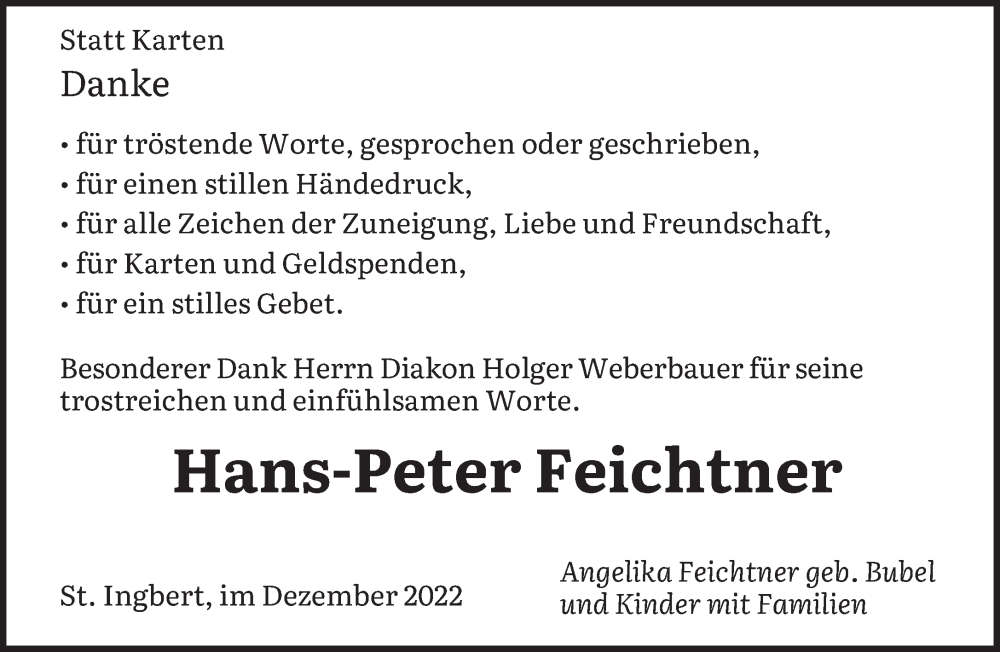  Traueranzeige für Hans-Peter Feichtner vom 24.12.2022 aus saarbruecker_zeitung