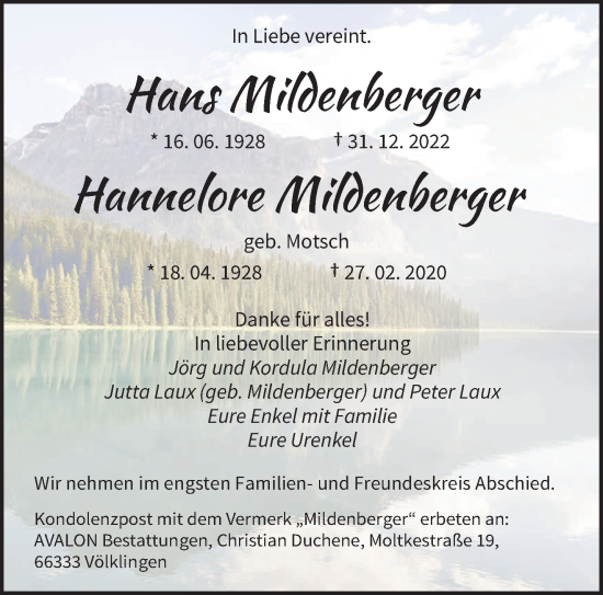 Traueranzeige von Hans und Hannelore Mildenberger von saarbruecker_zeitung