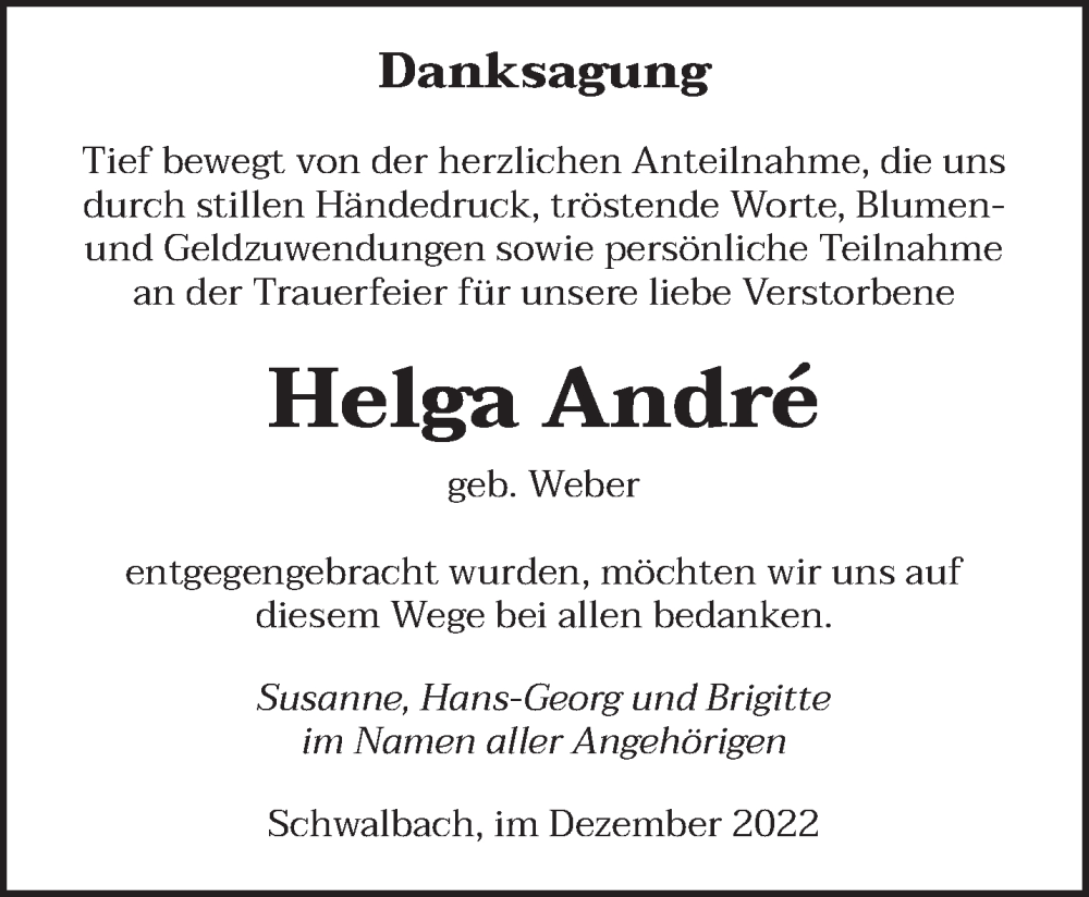  Traueranzeige für Helga Andre vom 24.12.2022 aus saarbruecker_zeitung
