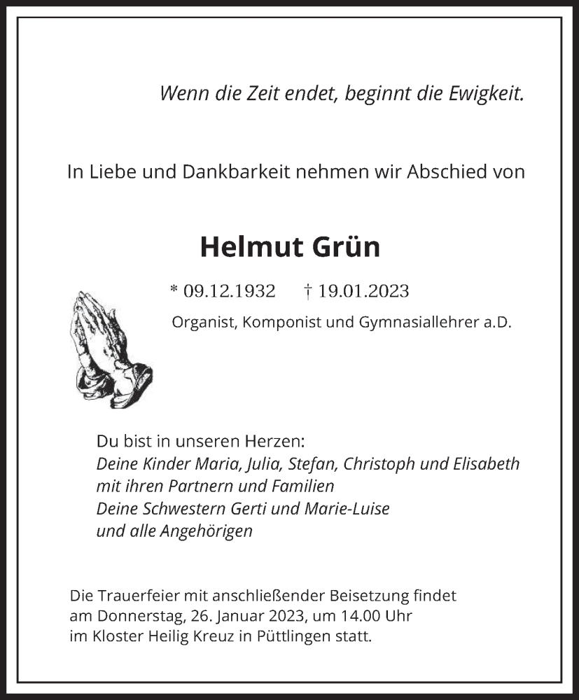  Traueranzeige für Helmut Grün vom 24.01.2023 aus saarbruecker_zeitung