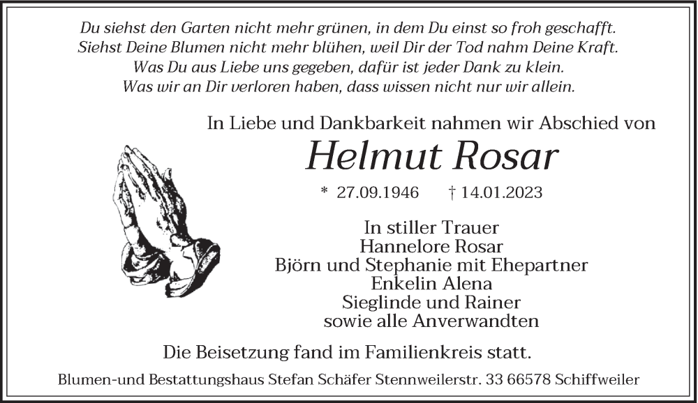  Traueranzeige für Helmut Rosar vom 28.01.2023 aus saarbruecker_zeitung