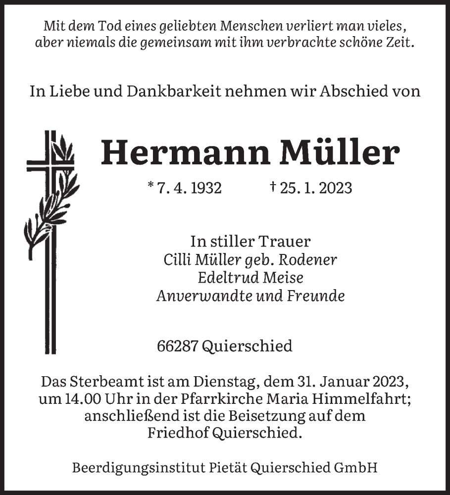  Traueranzeige für Hermann Müller vom 28.01.2023 aus saarbruecker_zeitung