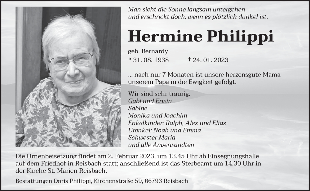  Traueranzeige für Hermine Philippi vom 28.01.2023 aus saarbruecker_zeitung