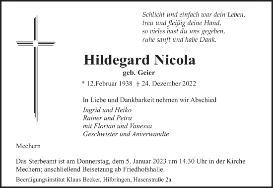 Traueranzeige von Hildegard Nicola von saarbruecker_zeitung