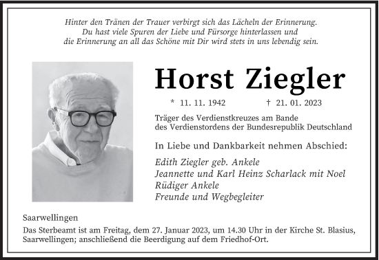 Traueranzeige von Horst Ziegler von saarbruecker_zeitung
