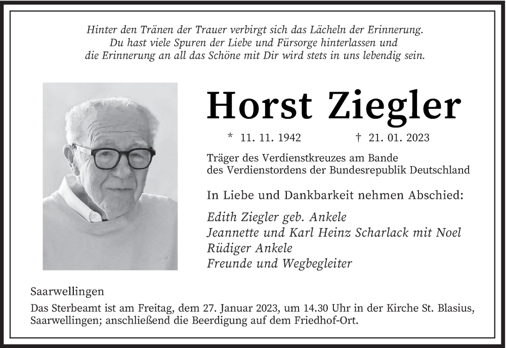  Traueranzeige für Horst Ziegler vom 25.01.2023 aus saarbruecker_zeitung