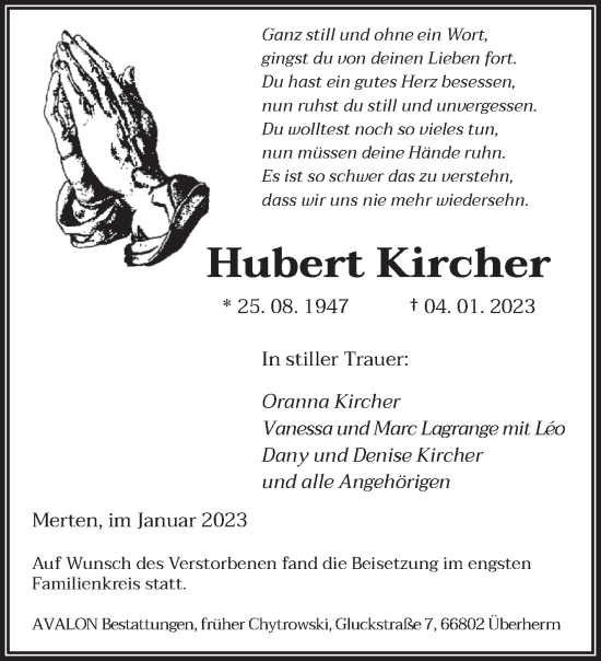 Traueranzeige von Hubert Kircher von saarbruecker_zeitung