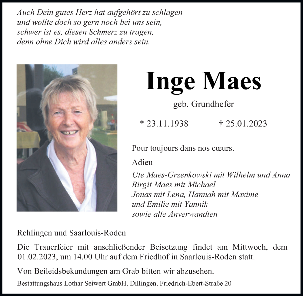  Traueranzeige für Inge Maes vom 28.01.2023 aus saarbruecker_zeitung