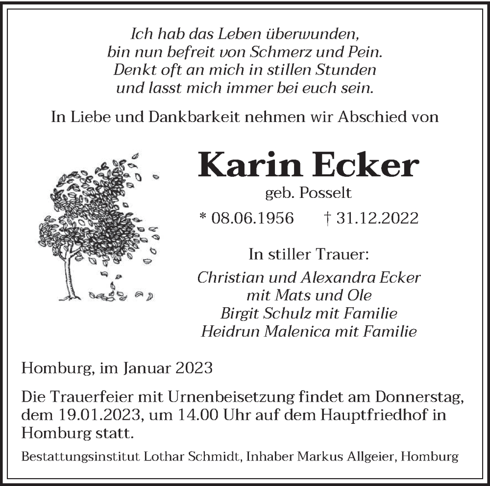  Traueranzeige für Karin Ecker vom 14.01.2023 aus saarbruecker_zeitung