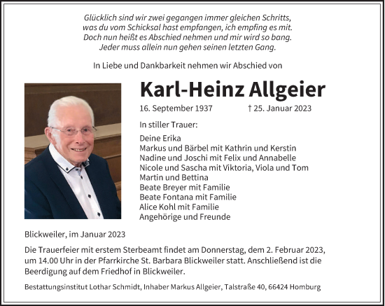 Traueranzeigen Von Karl Heinz Allgeier Saarbruecker Zeitung Trauer De