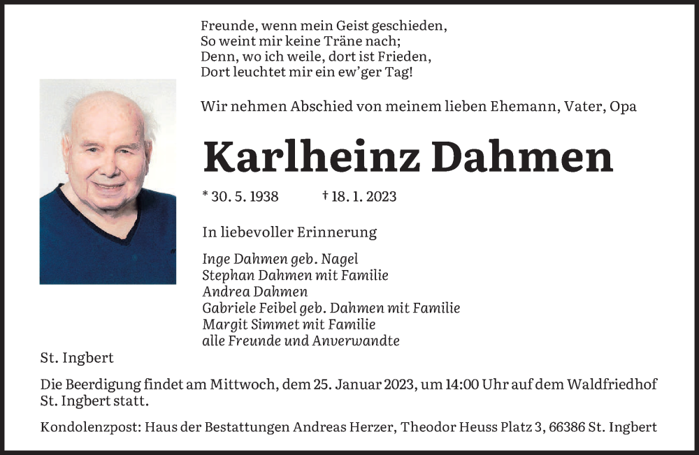  Traueranzeige für Karlheinz Dahmen vom 21.01.2023 aus saarbruecker_zeitung