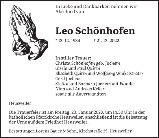 Traueranzeige von Leo Schönhofen von saarbruecker_zeitung