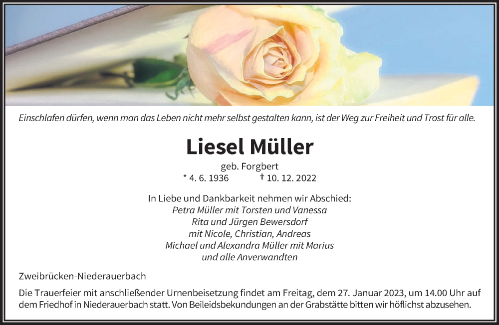  Traueranzeige für Liesel Müller vom 21.01.2023 aus saarbruecker_zeitung