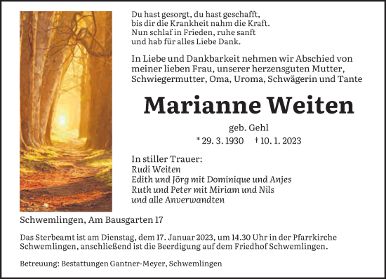 Traueranzeige von Marianne Weiten von saarbruecker_zeitung