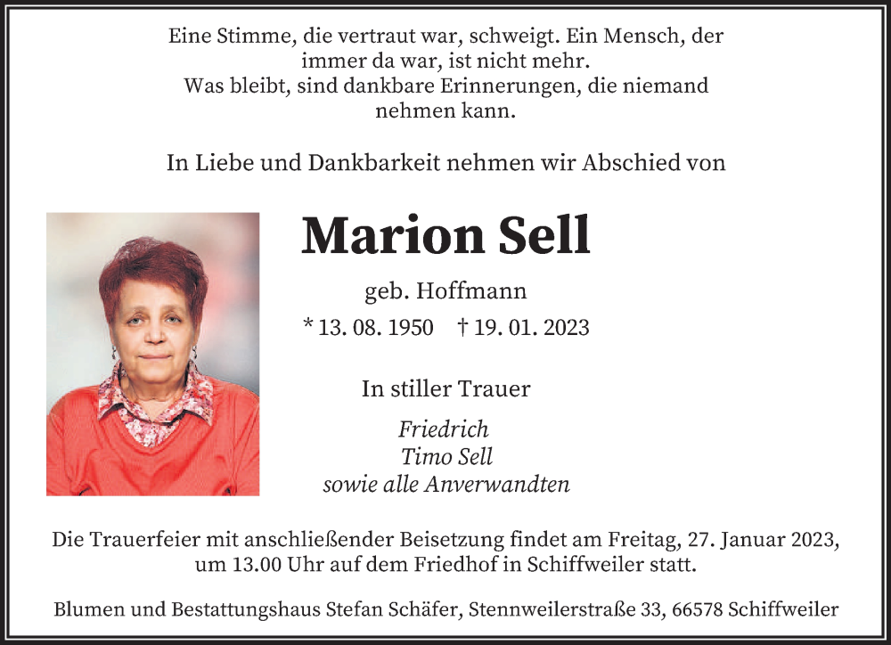  Traueranzeige für Marion Sell vom 25.01.2023 aus saarbruecker_zeitung