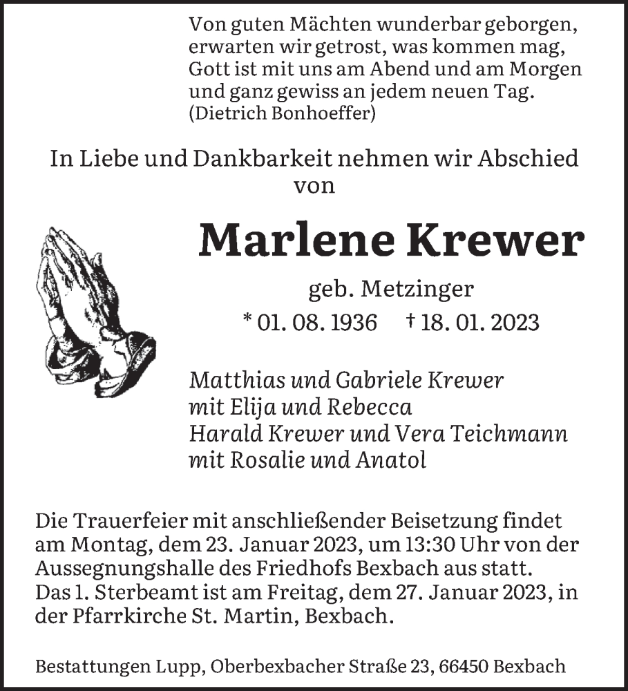  Traueranzeige für Marlene Krewer vom 20.01.2023 aus saarbruecker_zeitung