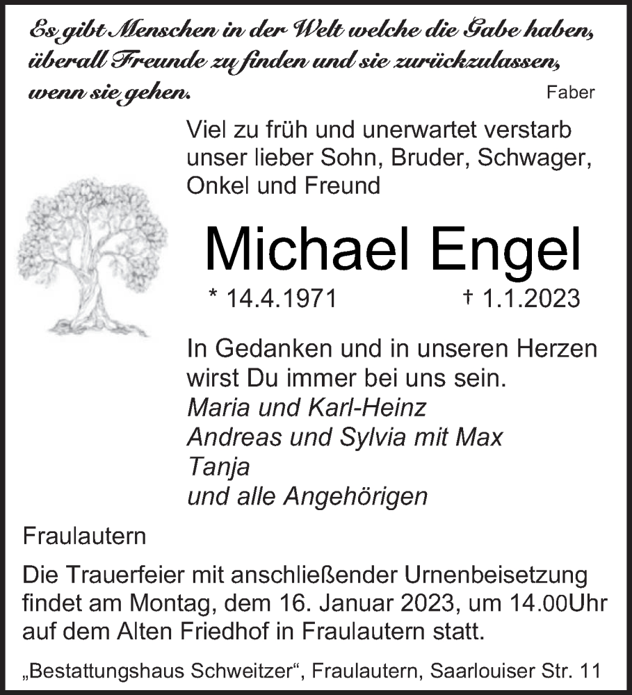  Traueranzeige für Michael Engel vom 07.01.2023 aus saarbruecker_zeitung