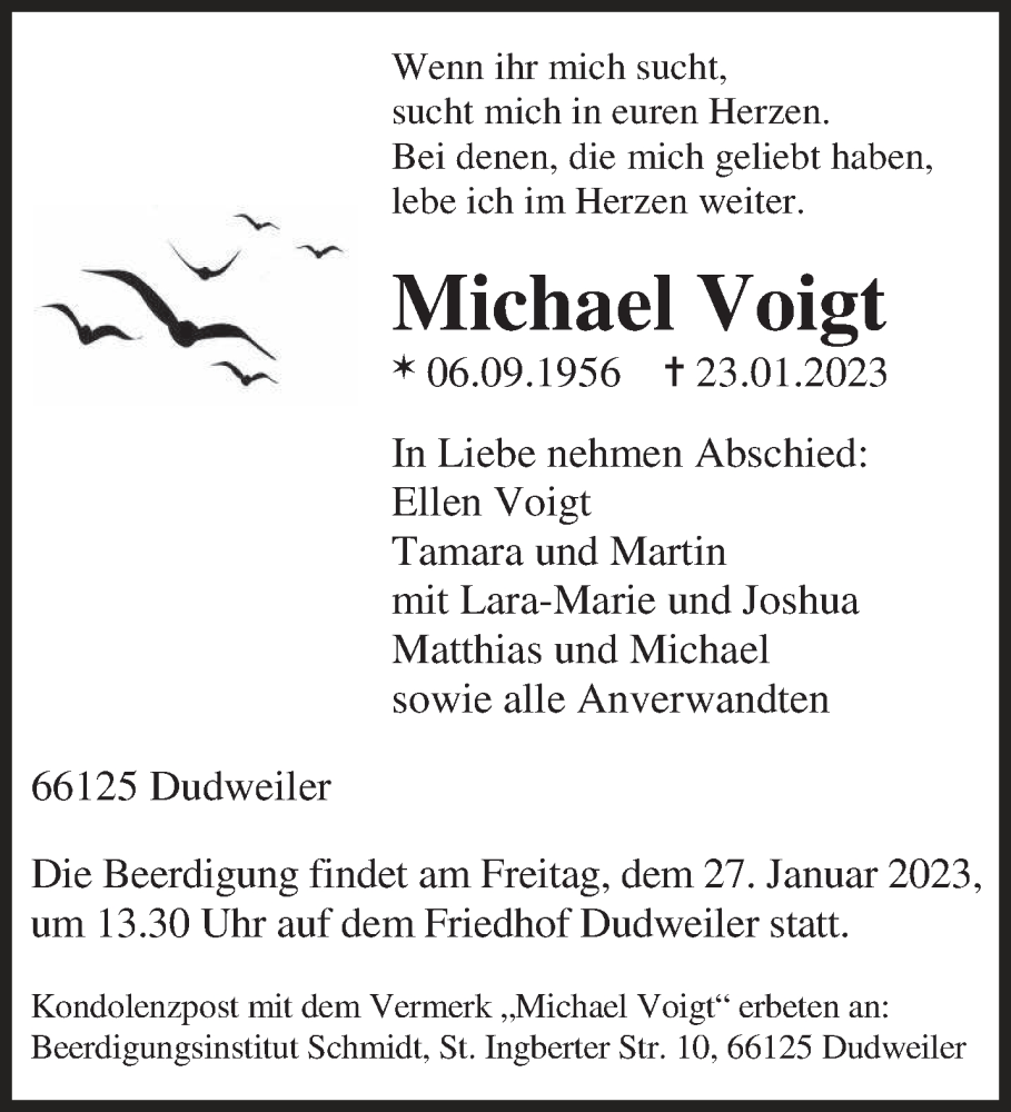  Traueranzeige für Michael Voigt vom 26.01.2023 aus saarbruecker_zeitung