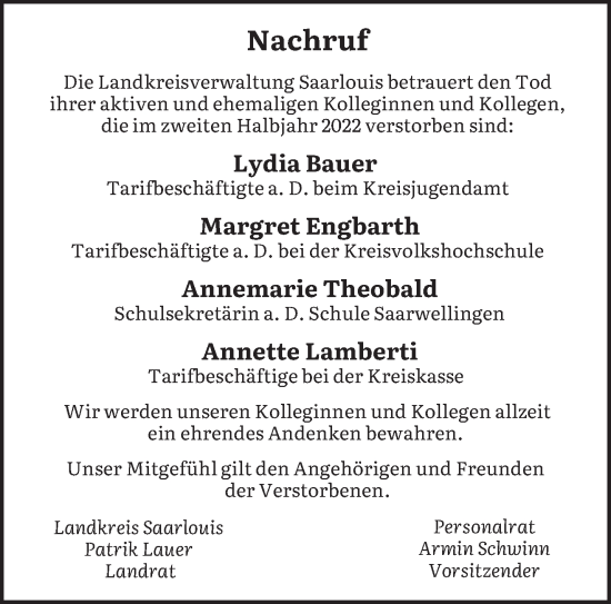 Traueranzeige von Nachruf Landkreisverwaltung Saarlouis von saarbruecker_zeitung