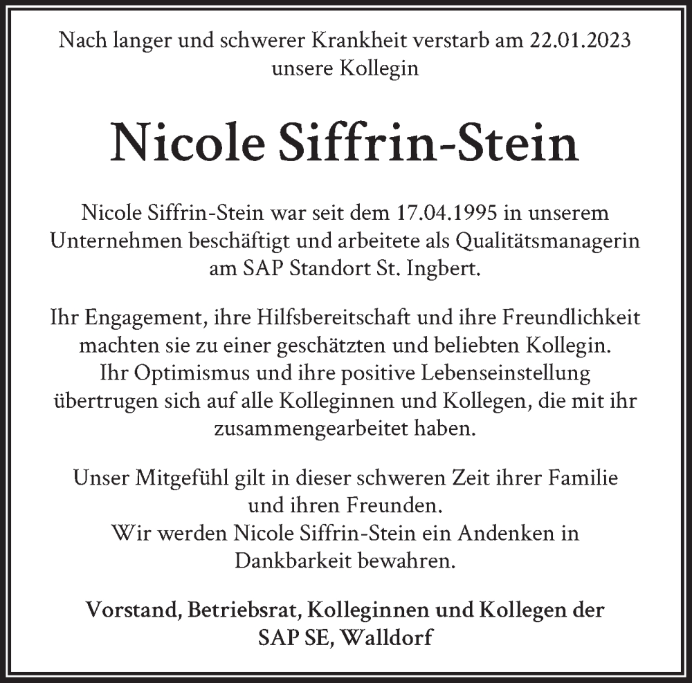  Traueranzeige für Nicole Siffrin-Stein vom 28.01.2023 aus saarbruecker_zeitung