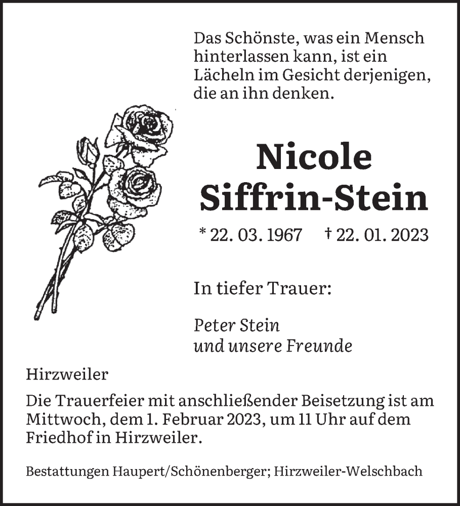  Traueranzeige für Nicole Siffrin-Stein vom 28.01.2023 aus saarbruecker_zeitung