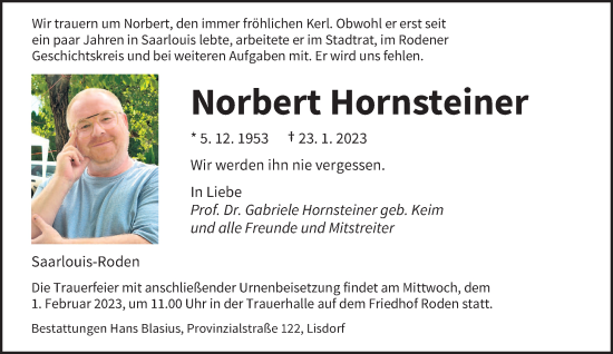 Traueranzeige von Norbert Hornsteiner von saarbruecker_zeitung