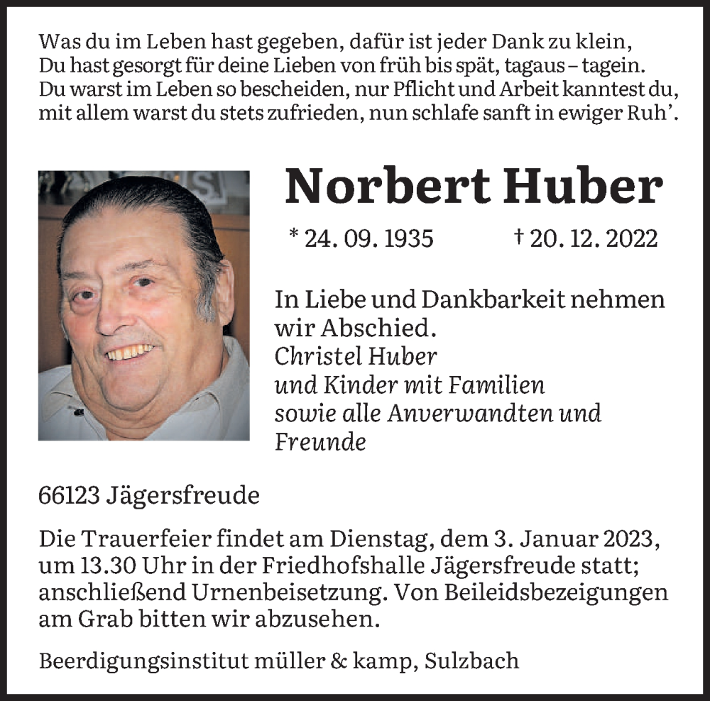  Traueranzeige für Norbert Huber vom 31.12.2022 aus saarbruecker_zeitung