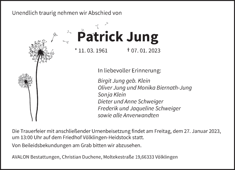  Traueranzeige für Patrick Jung vom 21.01.2023 aus saarbruecker_zeitung