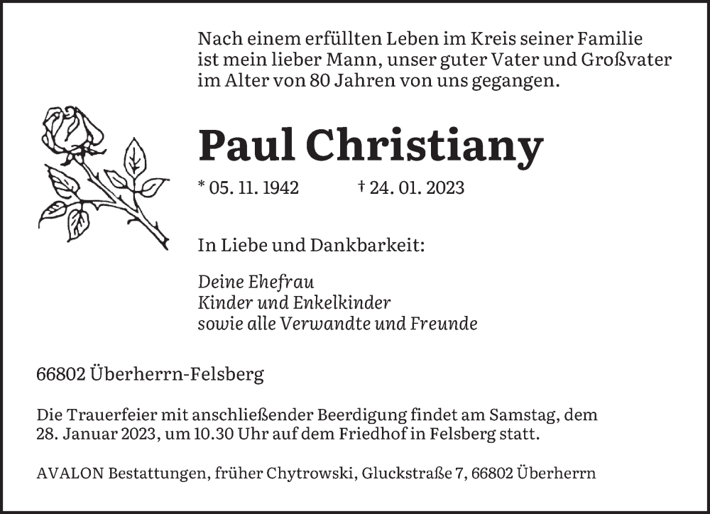  Traueranzeige für Paul Christiany vom 26.01.2023 aus saarbruecker_zeitung