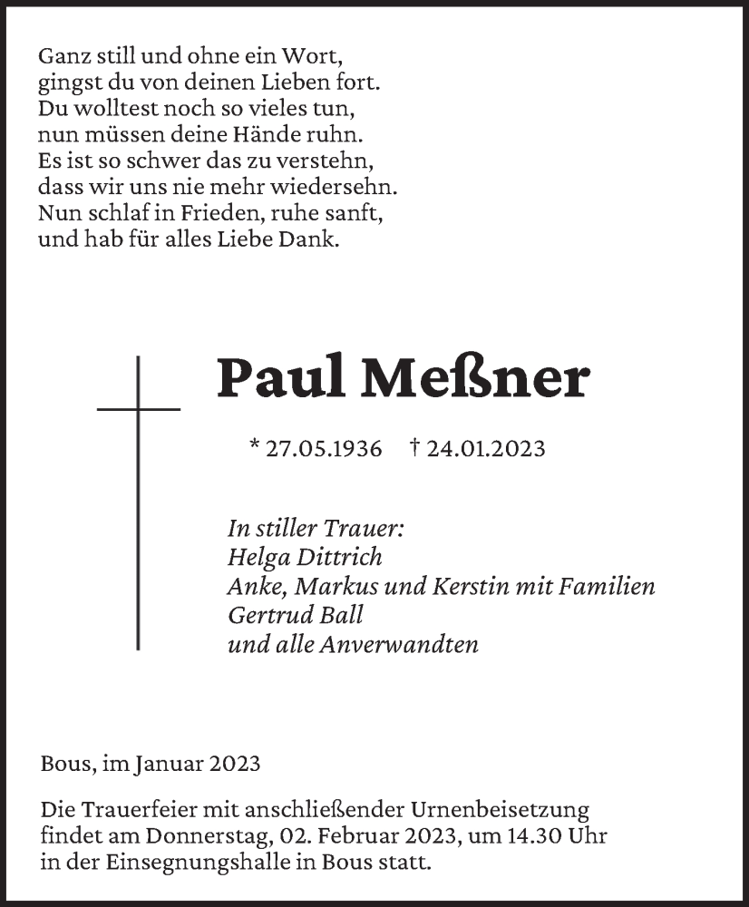 Traueranzeige für Paul Meßner vom 28.01.2023 aus saarbruecker_zeitung