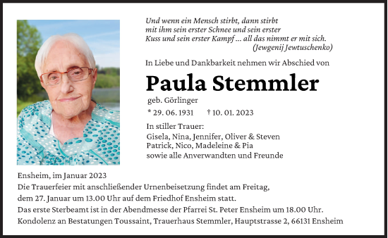 Traueranzeige von Paula Stemmler von saarbruecker_zeitung