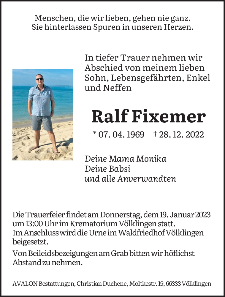  Traueranzeige für Ralf Fixemer vom 14.01.2023 aus saarbruecker_zeitung