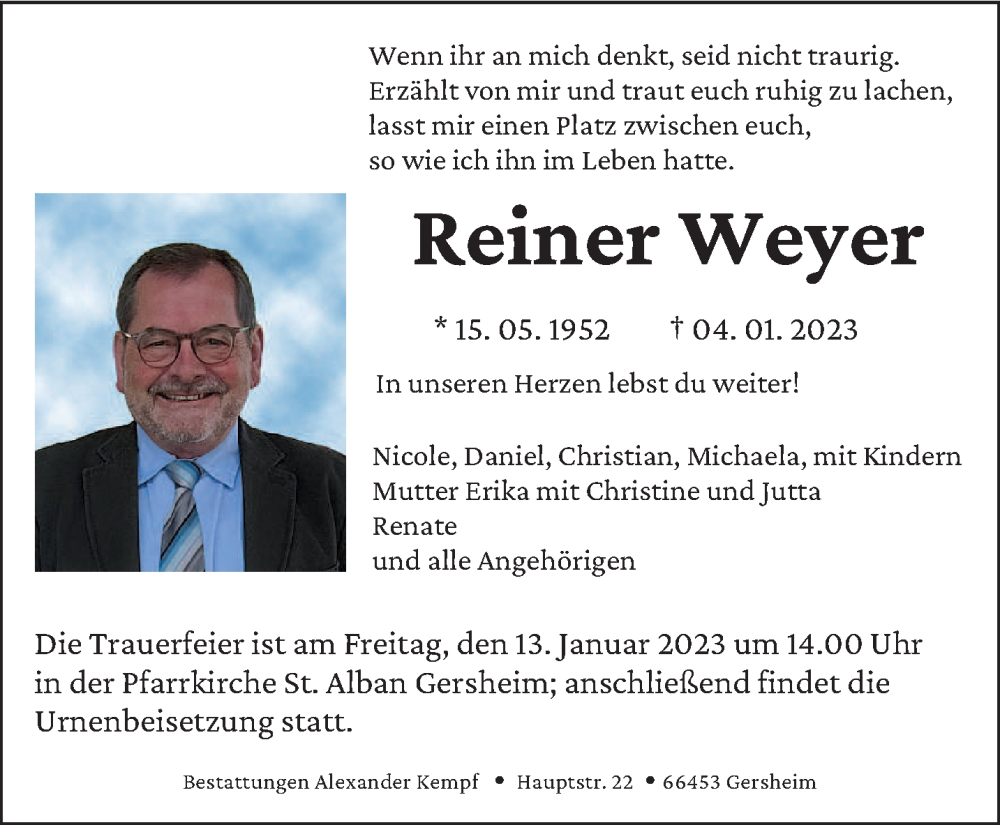  Traueranzeige für Reiner Weyer vom 09.01.2023 aus saarbruecker_zeitung