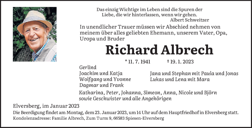  Traueranzeige für Richard Albrech vom 21.01.2023 aus saarbruecker_zeitung