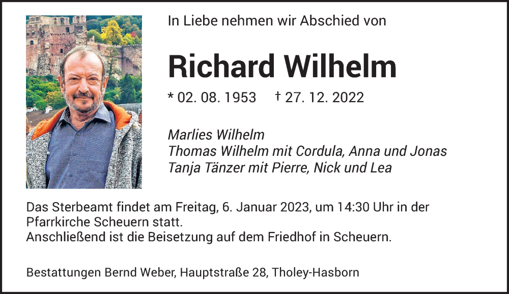  Traueranzeige für Richard Wilhelm vom 04.01.2023 aus saarbruecker_zeitung