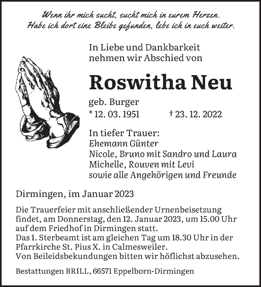  Traueranzeige für Roswitha Neu vom 07.01.2023 aus saarbruecker_zeitung