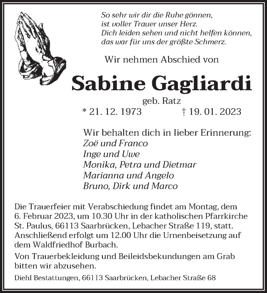  Traueranzeige für Sabine Gagliardi vom 28.01.2023 aus saarbruecker_zeitung