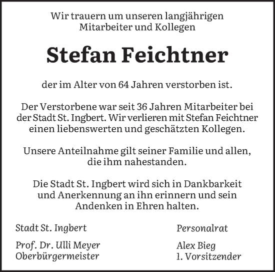 Traueranzeige von Stefan Feichtner von saarbruecker_zeitung