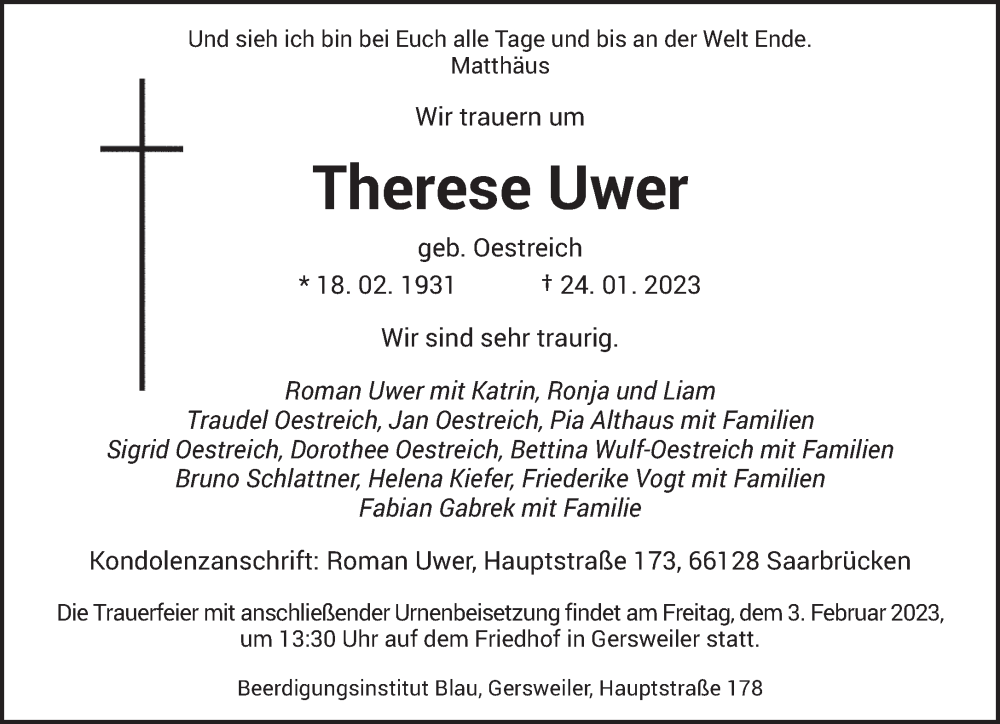  Traueranzeige für Therese Uwer vom 28.01.2023 aus saarbruecker_zeitung