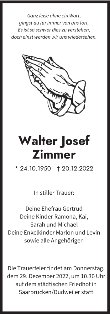  Traueranzeige für Walter Josef Zimmer vom 24.12.2022 aus saarbruecker_zeitung