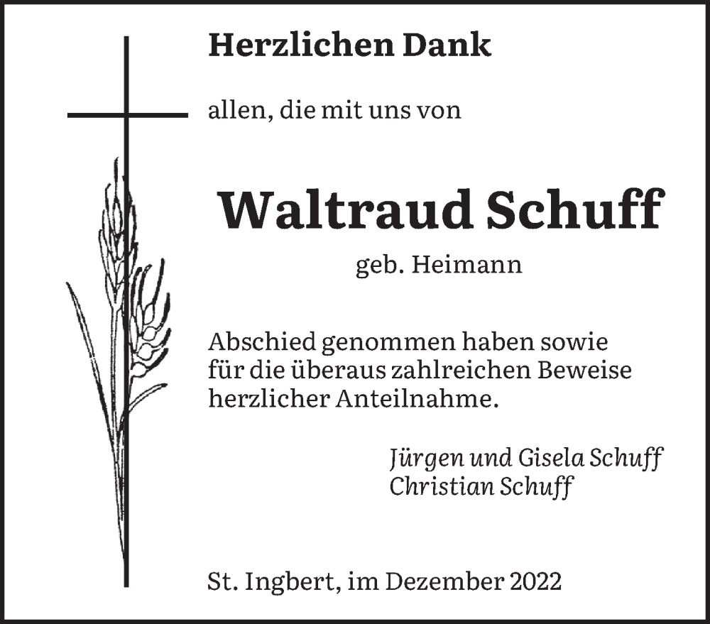  Traueranzeige für Waltraud Schuff vom 24.12.2022 aus saarbruecker_zeitung