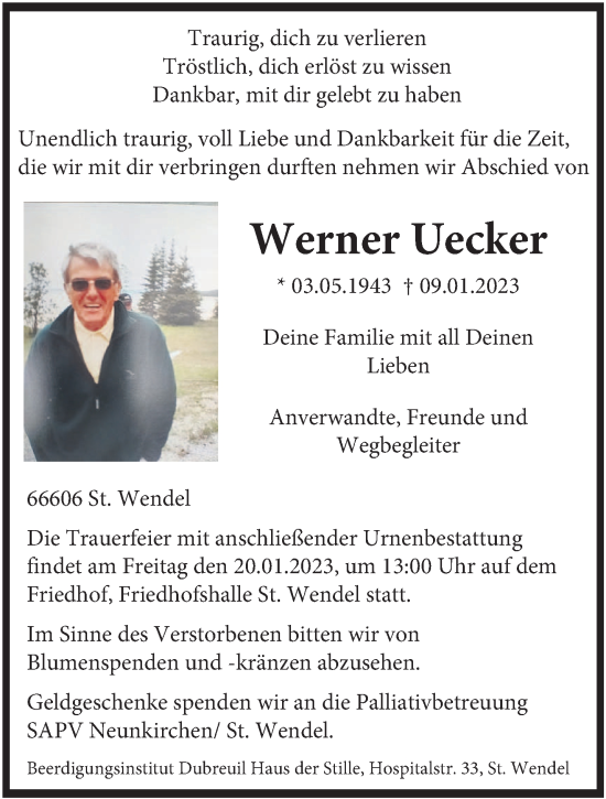 Traueranzeige von Werner Uecker von saarbruecker_zeitung