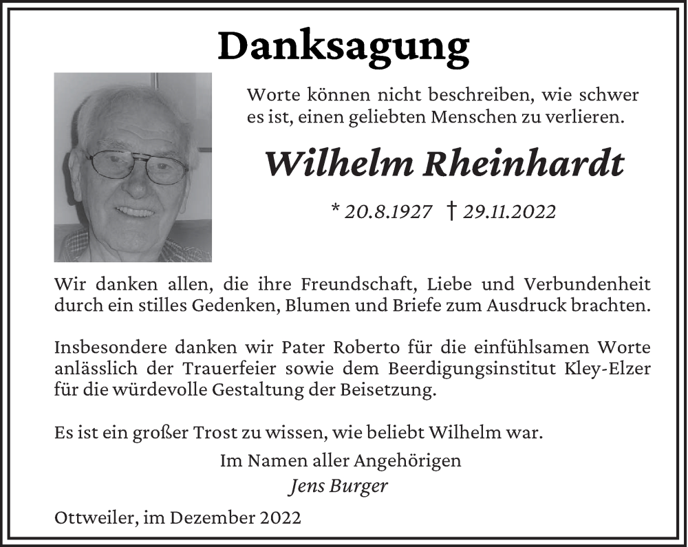  Traueranzeige für Wilhelm Rheinhardt vom 24.12.2022 aus saarbruecker_zeitung