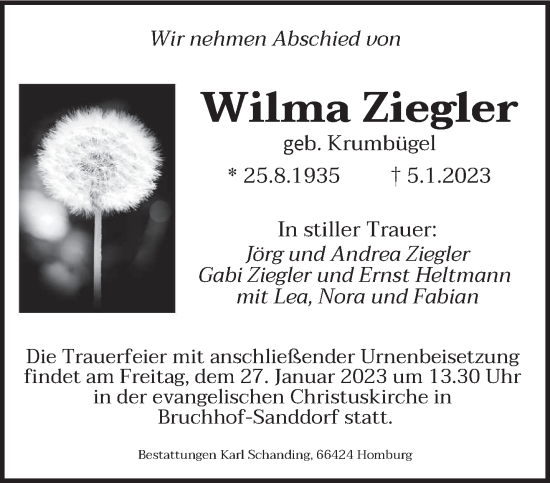 Traueranzeige von Wilma Ziegler von saarbruecker_zeitung