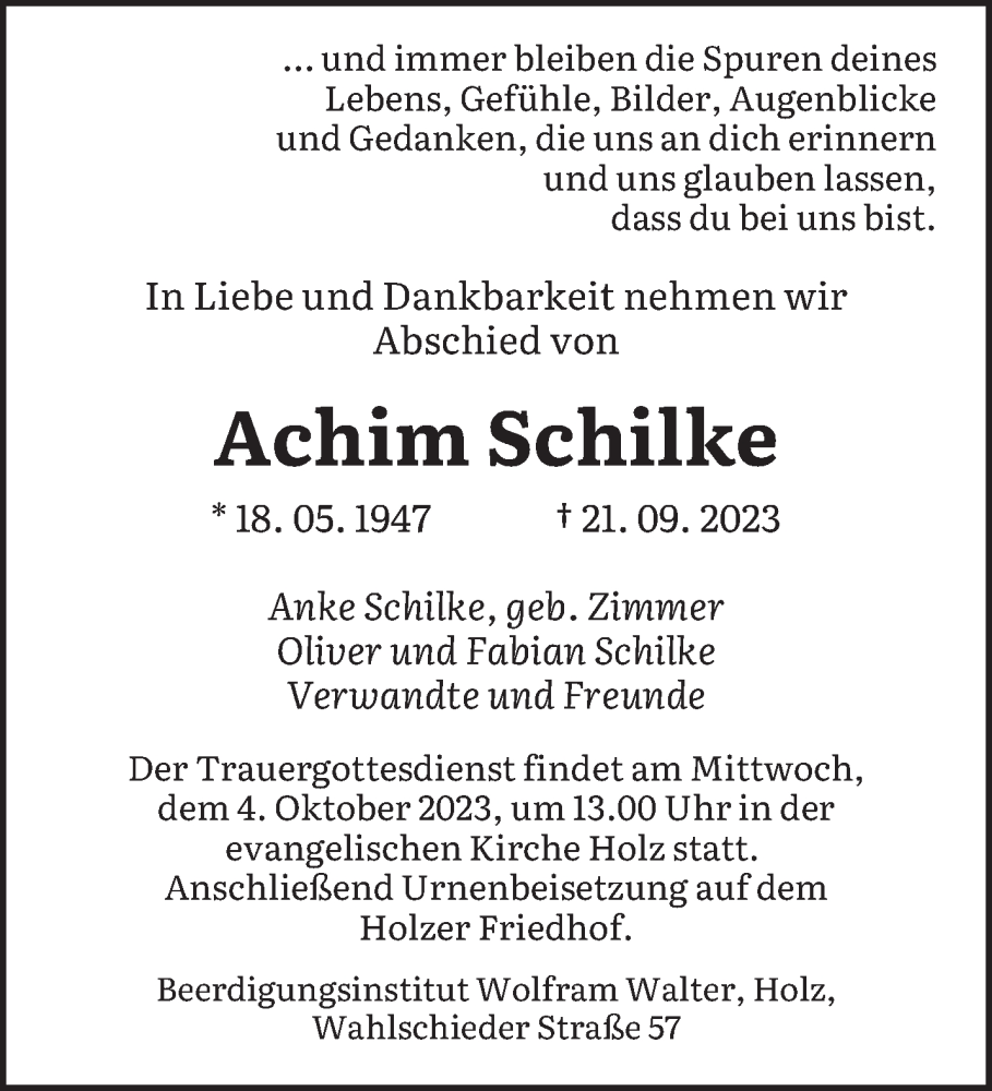  Traueranzeige für Achim Schilke vom 30.09.2023 aus saarbruecker_zeitung