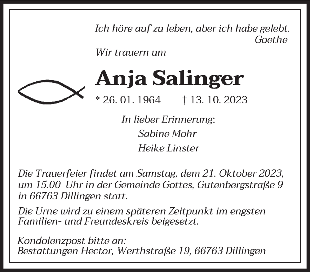  Traueranzeige für Anja Salinger vom 19.10.2023 aus saarbruecker_zeitung