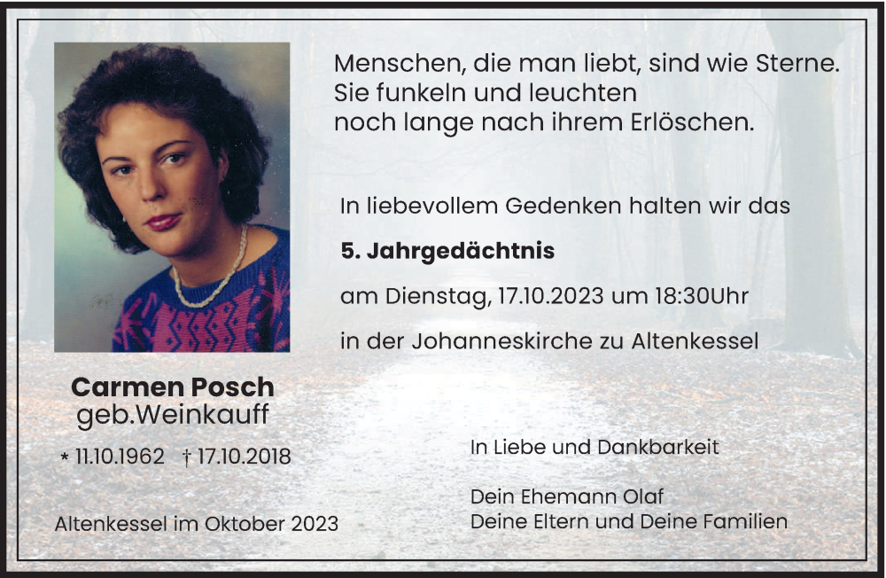  Traueranzeige für Carmen Posch vom 14.10.2023 aus saarbruecker_zeitung