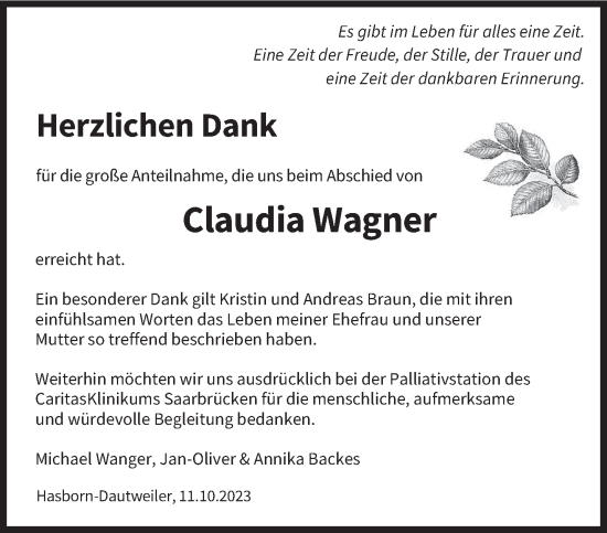 Traueranzeige von Claudia Wagner von saarbruecker_zeitung