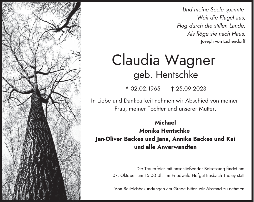  Traueranzeige für Claudia Wagner vom 30.09.2023 aus saarbruecker_zeitung